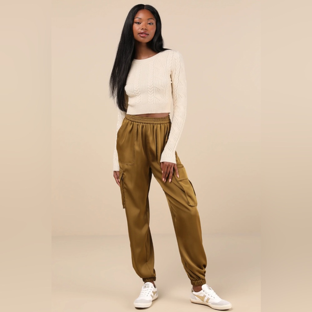 NWT Lulus Chic Dedication Olive Green Satin High-Rise Cargo Jogger Pants - Picture 4 of 7